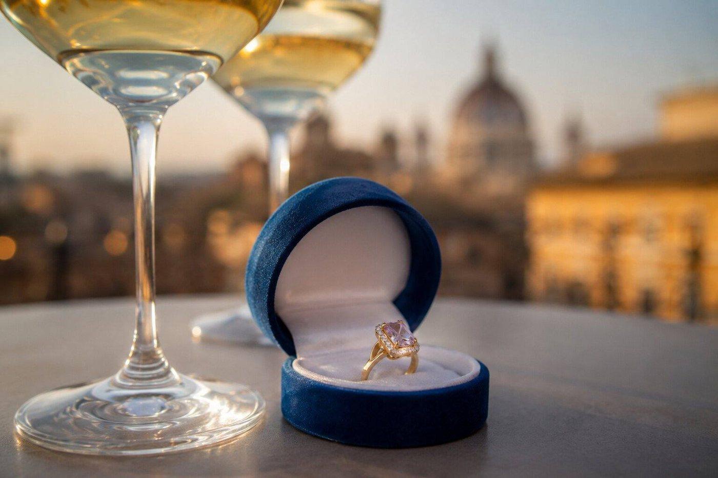 An engagement ring beside two champagne glasses with a lit Roman dome behind at dusk