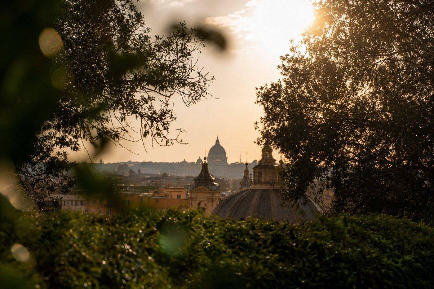 Rome's rooftops and domes at last light seen through trees